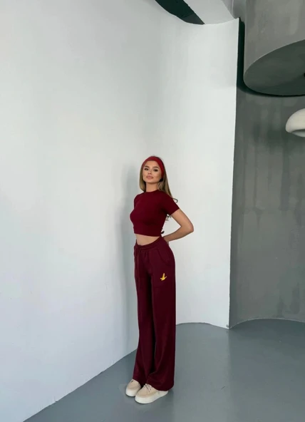 Osy Modal Yumuşak Dokulu Kumaş Nakış Işlemeli Rahat Bol Paça Eşofman Pantalon - Bordo - Resim 4