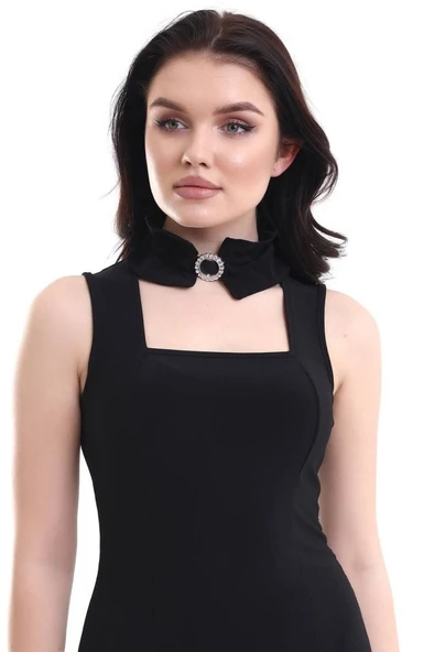 Kadın Kare Yaka Taş Detaylı Yaka Aksesuarlı Sandy Kumaş Fırsat Ürün Diz Üstü Elbise - Resim 11