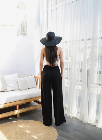 Keten Önü Çapraz Parçali Lasti̇kli̇ Ve Bağcikli Geni̇ş Paça Pantolon - Resim 2