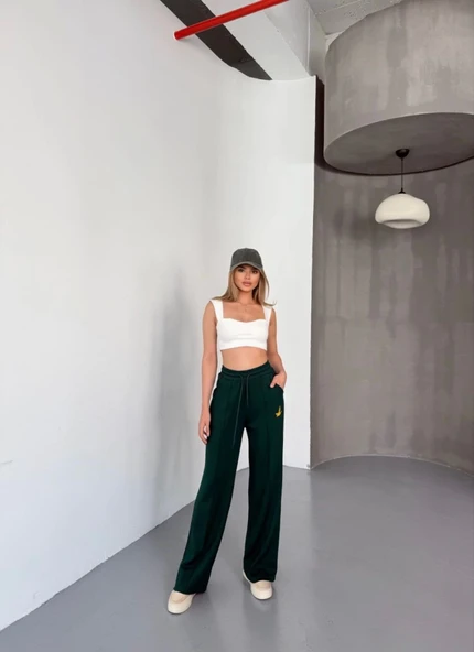 Osy Modal Yumuşak Dokulu Kumaş Nakış Işlemeli Rahat Bol Paça Eşofman Pantalon - Siyah - Resim 4