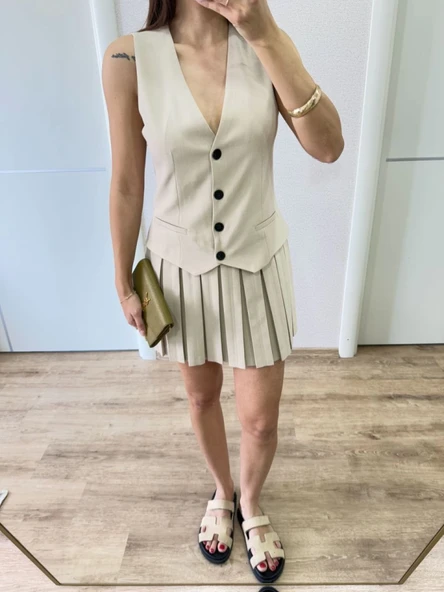 Takım Görünümlu Yelekli Mini Elbise- Bej - Resim 10