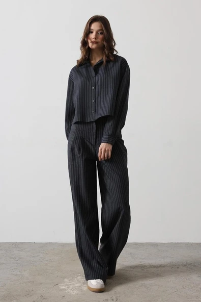 Çizgili Gömlek Pantolon Takım - Lacivert - Resim 7
