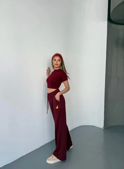 Osy Modal Yumuşak Dokulu Kumaş Nakış Işlemeli Rahat Bol Paça Eşofman Pantalon - Bordo - Resim 3