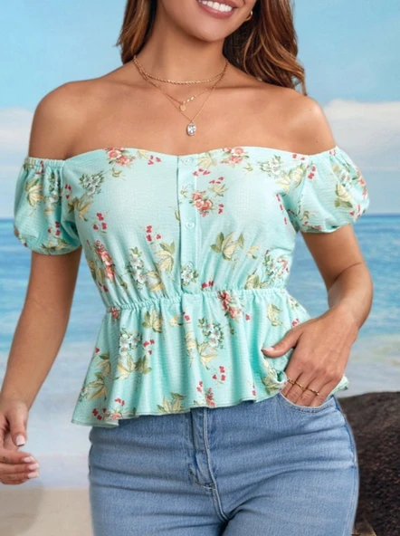 Kadın Kısa Kollu Madonna Yaka çiçek Desenli Düğme Detay Gipeli Süprem Kumaş Bluz - Resim 10