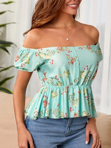 Kadın Kısa Kollu Madonna Yaka çiçek Desenli Düğme Detay Gipeli Süprem Kumaş Bluz - Resim 2