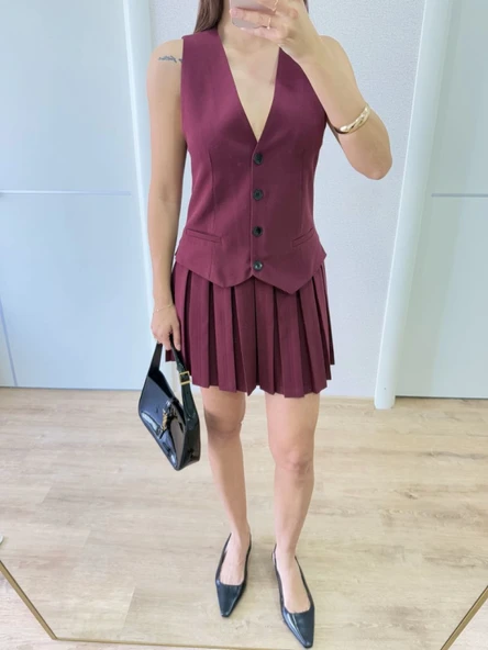 Takım Görünümlu Yelekli Mini Elbise- Bordo - Resim 8