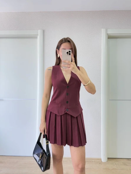 Takım Görünümlu Yelekli Mini Elbise- Bordo - Resim 7