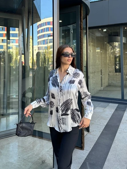 Kadın Uzun Kollu Dijital Baskılı Salaş Saten Gömlek ürün görseli