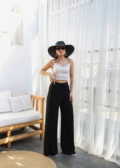 Keten Önü Çapraz Parçali Lasti̇kli̇ Ve Bağcikli Geni̇ş Paça Pantolon - Resim 4