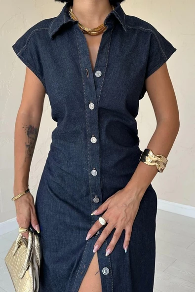 Mavi Kolsuz Vatkalı Elbise - Resim 4