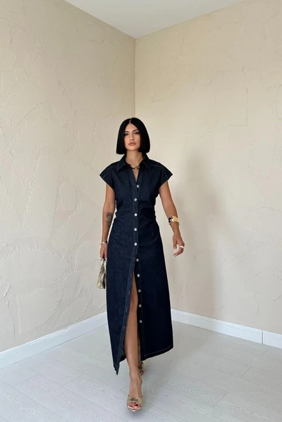 Mavi Kolsuz Vatkalı Elbise - Resim 2