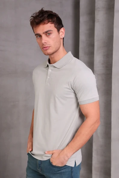 Erkek Slim Fit Pamuklu Yumuşak Doku Nefes Alan Kumaş Yakalı Tişört - Resim 4