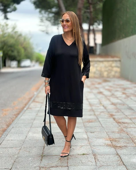 Kadın Modal Kumaş Kol Ve Etek Ucu Payetl Elbise - Resim 16