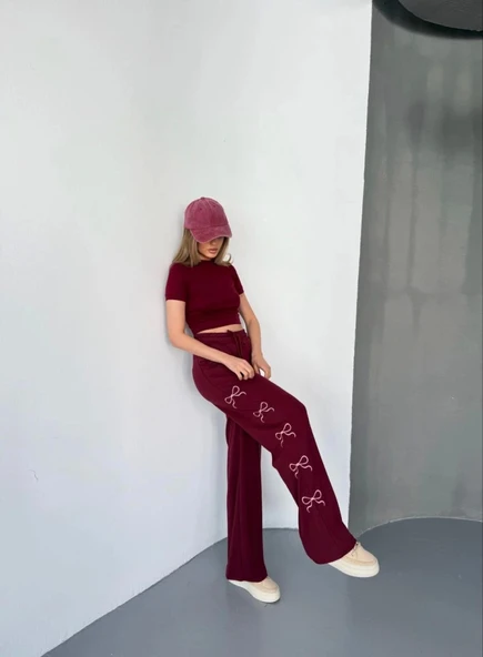 Osy Modal Yumuşak Dokulu Kumaş Nakış Işlemeli Rahat Bol Paça Eşofman Pantalon - Bordo - 3