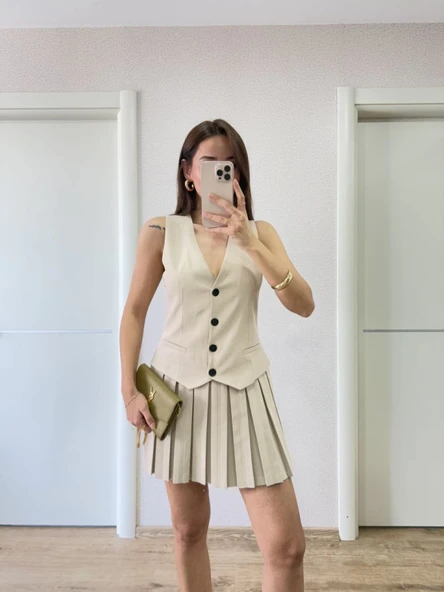 Takım Görünümlu Yelekli Mini Elbise- Bej - Resim 5