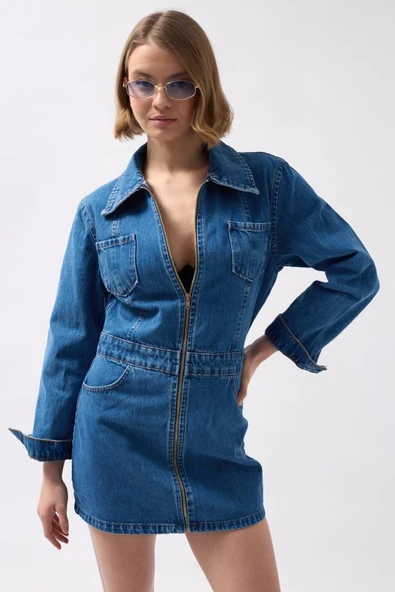 Cep Detaylı Fermuarlı Denim Elbise - Resim 3