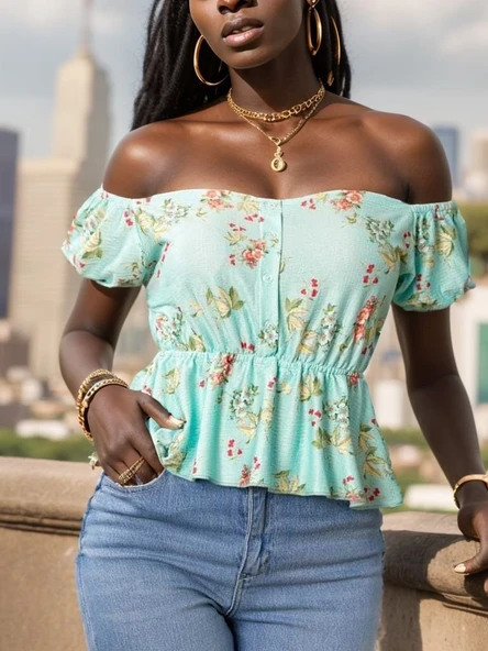 Kadın Kısa Kollu Madonna Yaka çiçek Desenli Düğme Detay Gipeli Süprem Kumaş Bluz - Resim 8