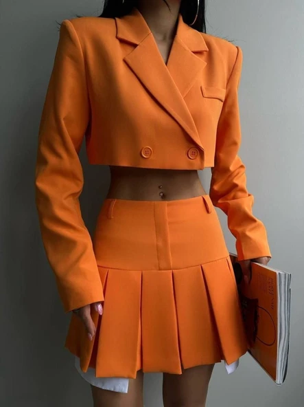 Pileli Etek Crop Ceket Takım - 3