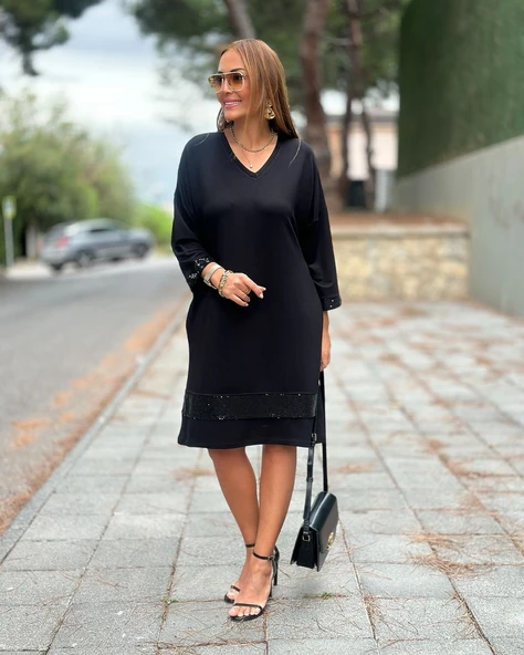 Kadın Modal Kumaş Kol Ve Etek Ucu Payetl Elbise - Resim 9