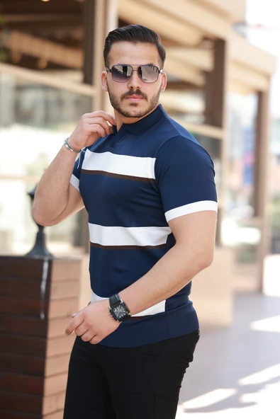 Erkek şerit Desenli Hemşire Yaka Kısa Kollu Tişört - Resim 5