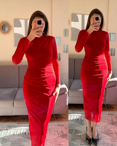 Kadın Drapeli Tül Kumaş Uzun Kollu Midi Boy Elbise ürün görseli