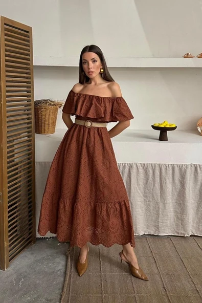 Kahverengi Omzu Lastikli Brode Elbise ürün görseli