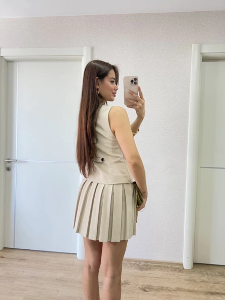 Takım Görünümlu Yelekli Mini Elbise- Bej - Resim 7