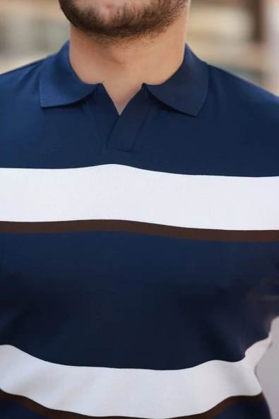 Erkek şerit Desenli Hemşire Yaka Kısa Kollu Tişört - Resim 6