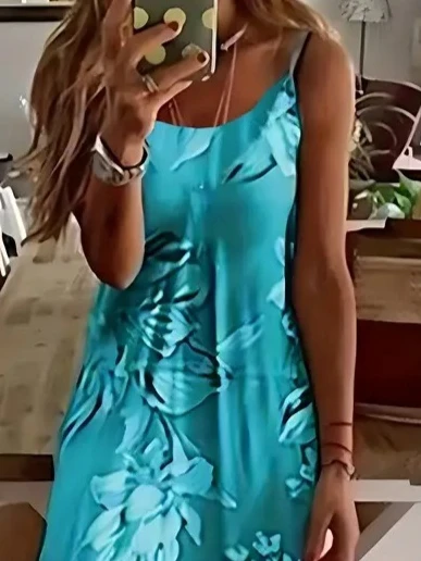 Kadın Askılı Yuvarlak Yaka Etek Geniş Kesim Desenli Süprem Elbise - Resim 2