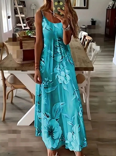 Kadın Askılı Yuvarlak Yaka Etek Geniş Kesim Desenli Süprem Elbise - Resim 3