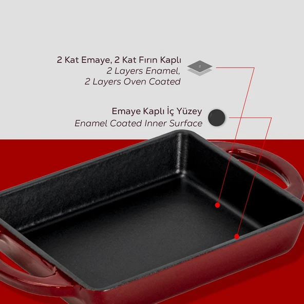 Lava Döküm Dikdörtgen Sahan Döküm Demir Yekpare Çift Kulplu Kayın Servis Ahşabı Ölçü 12x15cm.-Bordo - Resim 6