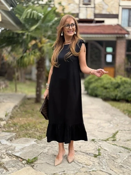 Kadın Omuzlardan Büzgülü Kayık Yaka Fırfırlı Janjan Krep Elbise ürün görseli