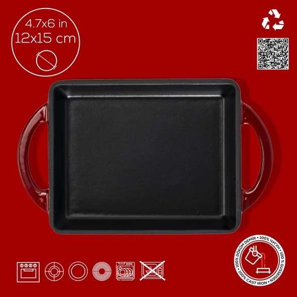 Lava Döküm Dikdörtgen Sahan Döküm Demir Yekpare Çift Kulplu Kayın Servis Ahşabı Ölçü 12x15cm.-Bordo - Resim 4