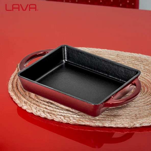 Lava Döküm Dikdörtgen Sahan Döküm Demir Yekpare Çift Kulplu Kayın Servis Ahşabı Ölçü 12x15cm.-Bordo - Resim 7