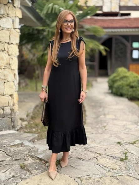 Kadın Omuzlardan Büzgülü Kayık Yaka Fırfırlı Janjan Krep Elbise - Resim 5