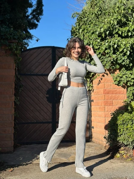 Kadın Yandan Bağlamalı Geniş Paçalı Fitil Kaşkorse İkili Takım - Resim 12