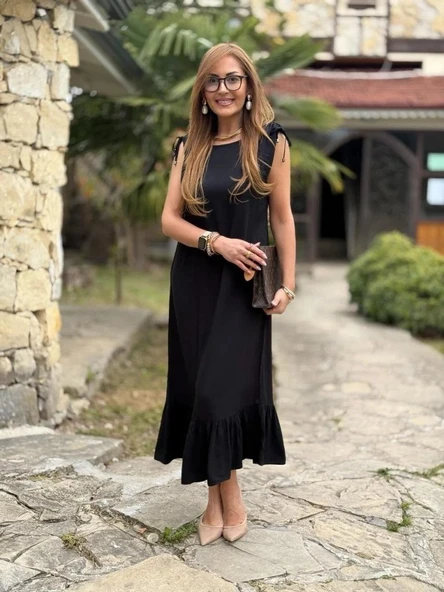 Kadın Omuzlardan Büzgülü Kayık Yaka Fırfırlı Janjan Krep Elbise - Resim 11