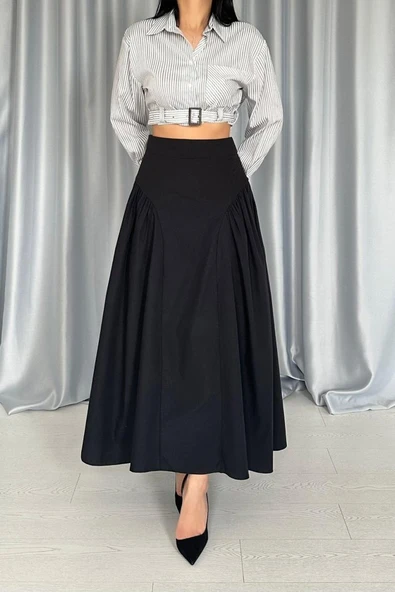 Siyah Yanları Büzgülü Uzun Etek - Resim 3