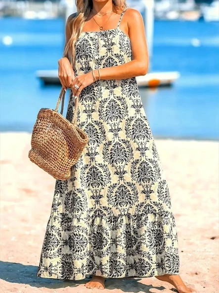 Kadın Ip Askılı Desenli Fırfırlı Süprem Elbise - Resim 5