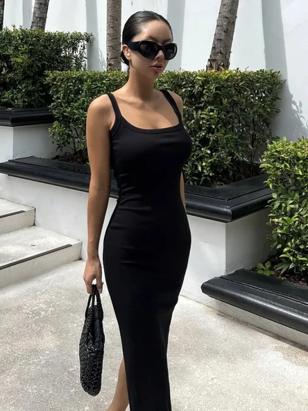 Kadın Ip Askılı Yuvarlak Yakalı Yırtmaçlı Midi Kaşkorse Elbise - Resim 8