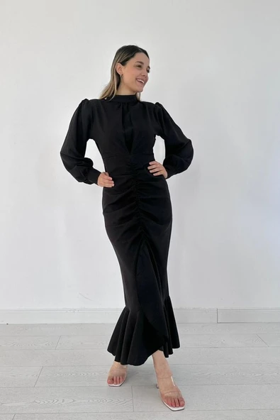 Siyah Volanlı Uzun Kol Elbise - Resim 2