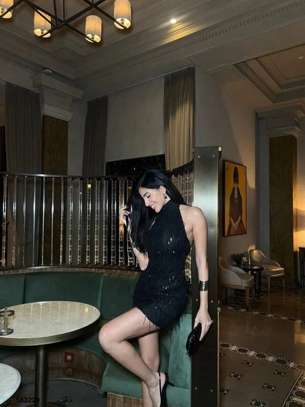 Kadın Pul Payet Kumaş Halter Yaka Mini Elbise - Resim 5