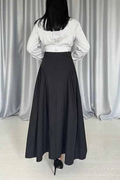 Siyah Yanları Büzgülü Uzun Etek - Resim 8