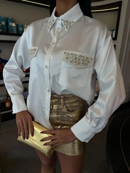 Yaka Ve Cep İnci Taşlı Saten Gömlek 3423 - Resim 7