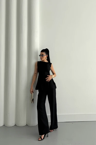 JAKAR KETEN KOLSUZ BLUZ-PANTOLON TK - Siyah - Resim 2