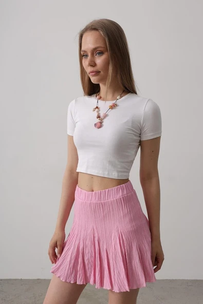 Beli Lastikli Mini Etek - Pembe - Resim 2