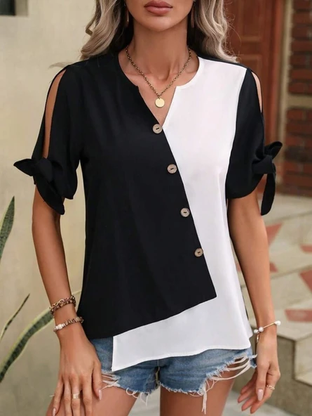 Kadın Kısa Kollu Kollardan Bağlamalı önden Asimetrik Kesim çift Renk Detaylı Düğmeli Ithal Krep Bluz - Resim 11