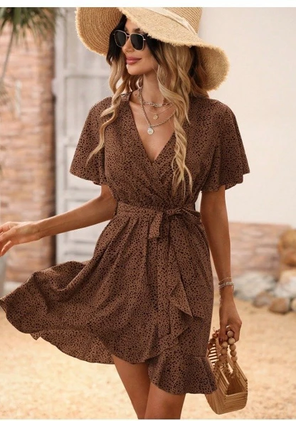 Kadın Kısa Kelebek Kollu Kruvaze Yakalı Belden Kuşaklı Kısa Desenli Süprem Elbise - Resim 7