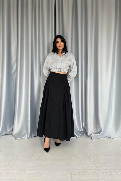 Siyah Yanları Büzgülü Uzun Etek - Resim 6