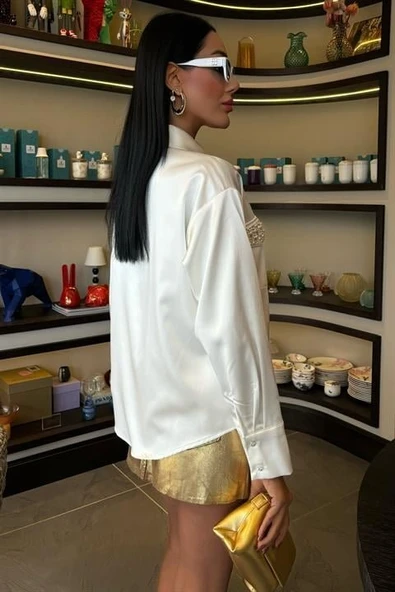 Yaka Ve Cep İnci Taşlı Saten Gömlek 3423 - Resim 12